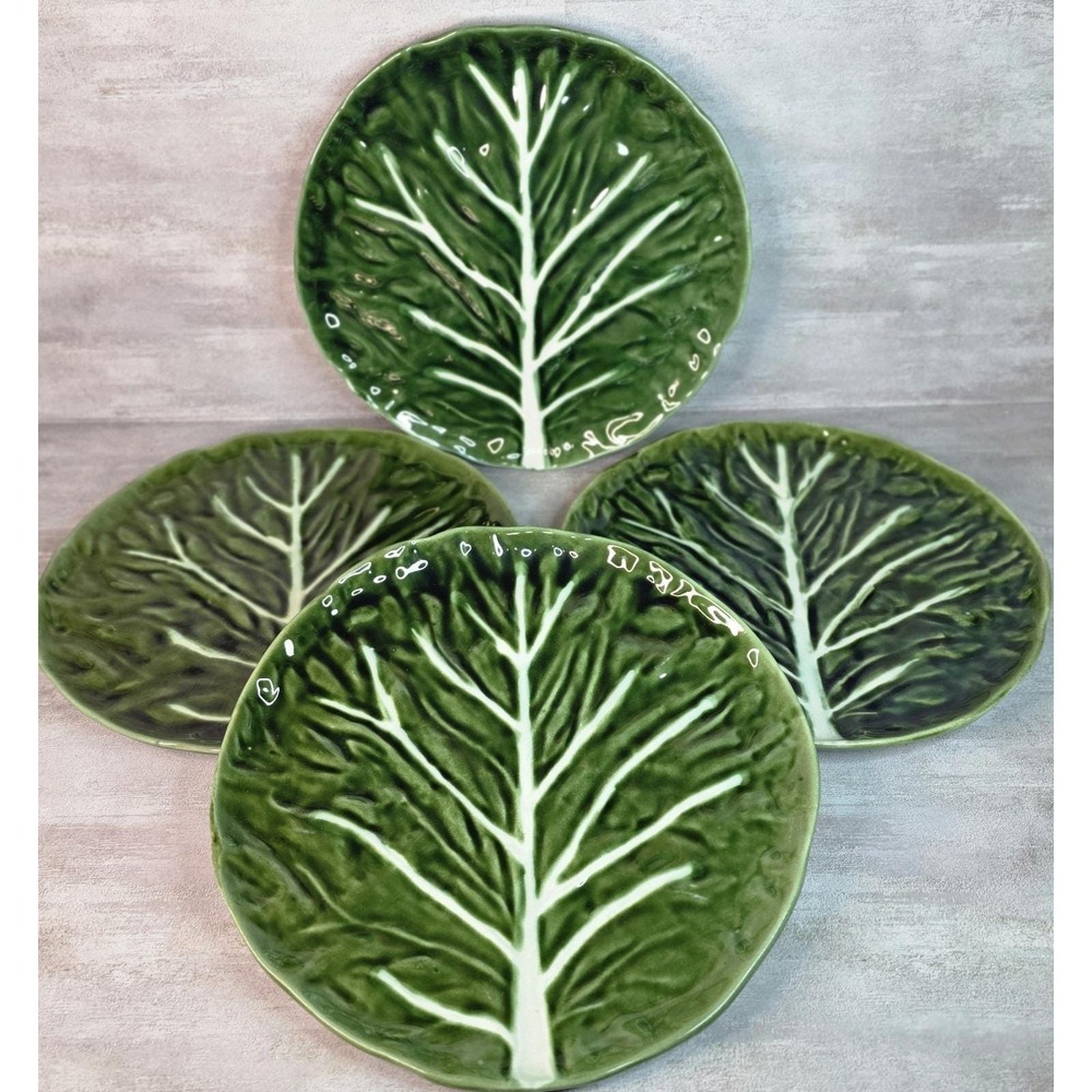 (4) VTG JF Olfaire Portugal Green Cabbage Dinner Plates Set 11" Majolica Style
